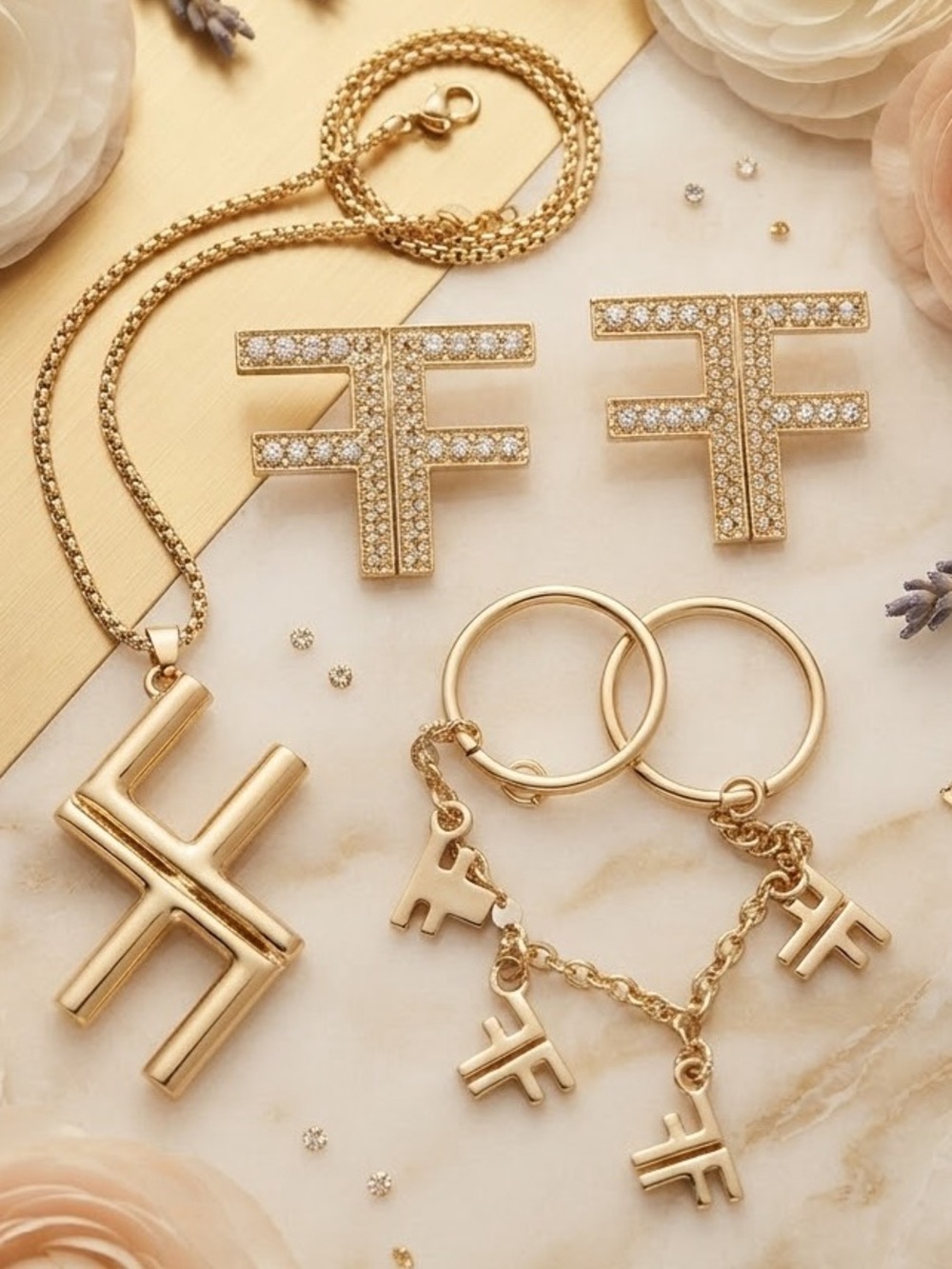 Gold-Tone F Logo Necklace, Earrings & Double Ring Charm Ring Set